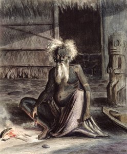 ティキの近くに座ったタヒチの老人、1841-48年頃（紙にペンとインクとトイレ）