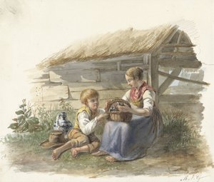 ひな鳥のバスケットを持つ少女と少年 作： Maximilienne Guyon