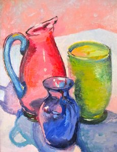 色とりどりのガラスの静物画 作： Maxine Shore
