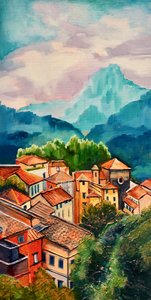 活気あふれる山間の村 作： Maxine Shore