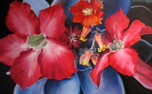 鮮やかな赤と青の花 作： 