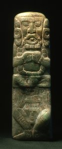 像はコパンの象形文字の階段を下って奉納され、後期クラシック時代（600-900）（翡翠）