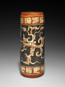 アニメーションのイチジク植物を備えた船、西暦600〜900年（スリップ付きの陶器） 作： Mayan