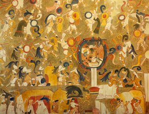 戦いの様子を描いたチチェン・イッツァ（メキシコ・ユカタン州）のマヤ絵画を復元したもの。マヤ文明。 作： Mayan Mayan