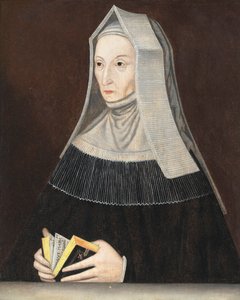 レディ マーガレット ビューフォート (1441-1509) の肖像画、ハーフレングス、黒いローブと白い習慣、祈りの本を手に (パネルに油彩) 作： Maynard (manner of) Vewicke