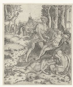 Priapus vergrijpt 自身 aan ニンフ Lotis 作： Meester IB met de vogel