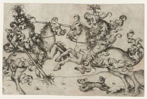 馬に乗った 2 人の野生の男の戦い 作： Meester van het Amsterdamse Kabinet