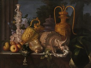 静物、貝殻、金細工。 Meiffren Conte (1630-1705) による絵画。 キャンバスに油彩。 薄暗い: 91x121cm。 必須の言及: コレクション財団は、マルセイユのプロヴァンスを尊重します 作： Meiffren (c.1630 1705) Conte