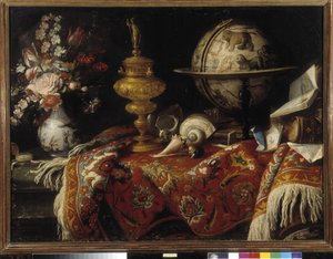 Vase of flowers, astral globe, books and goldwork on a carpet. Painting by Meiffren Conte (or Count) (1630-1705) Mandatory mention: Collection fondation regards de Provence, Marseille (cm 92x121)   1418900   ja       japanese Successfully Translated  Origi 作： Meiffren (c.1630 1705) Conte
