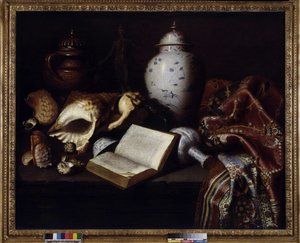 中国の花瓶、貝殻、アンティークのブロンズ像、本、絨毯（油彩・キャンバス 作： Meiffren (c.1630 1705) Conte