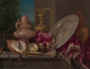17世紀の第4四半期、シルバーとゴールドのプレート、シェル、および剣のある静物。 作： Meiffren Conte