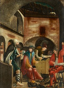 靴職人の作業場にいる聖クリスピヌスとクリスピニアヌス 作： Meister der Crispinuslegende