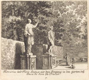 マーキュリーとフローラの像、デューケディ ソラの庭園、フラスカーティ 作： Melchior Küsel after Johann Wilhelm Baur