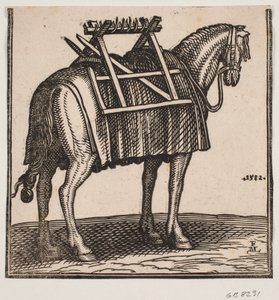 荷台を背負った空荷の荷馬を後ろから h に向かって斜め後ろから見た。 作： Melchior Lorck