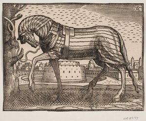 木につながれた馬、ドレープ、横顔。 円濠に円錐形の城がある背景都市 作： Melchior Lorck