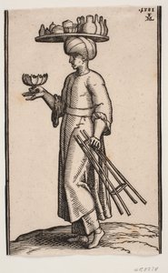 清涼飲料の行商人、左側に向かって歩く 作： Melchior Lorck