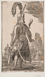 後ろから見た立っているイェニチェリ、羽のついた頭飾り、左肩のライフル 作： Melchior Lorck