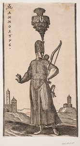 立っている兵士、正面図、頭を h に向けた。 彼は左腕に弓、背中に矢筒、左脇に剣を持っています。 彼はコケティッシュに右腕を後ろに伸ばします。 後ろに すなわち とテレビ。 2 つの要塞のような建物 作： Melchior Lorck