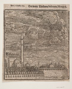 北東から見たスレイマニエ・モスク。 右半分 作： Melchior Lorck