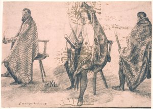 ろうそくを手に持つ 3 人の男性 作： Melchior Lorck