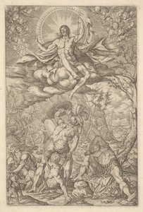 キリストの復活、オーレオールと雲に包まれ、翼のあるプッティのラインが...、1577年。 作： Melchior Meier