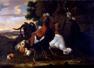 森の中のフェンスのそばにいるコケコッコーと雌鳥とヒナたち 作： Melchior de Hondecoeter