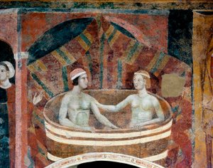 中世の夫婦生活のシーン。 ゴミ箱でトイレをしているカップル。 詳細。 (フレスコ画、14世紀初頭) 作： Memmo di Filippuccio