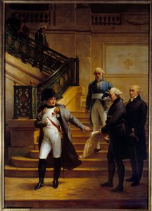 皇帝ナポレオン1世（1769-1821）が朝廷の所在地であるパレ・ロワイヤルを訪れ、建築家ボーモンとフォンテーヌの計画を断る1807年8月5日、メリージョセフ・ブロンデル（1781-1853）の絵画 1834年日。2,27x1,63 m パレ・ロワイヤル、パリ - 皇帝ナポ 作： Merry Joseph Blondel