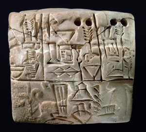 初期の絵文字入り楔形石板、メソポタミア、ウルク、紀元前3100～2900年頃（粘土