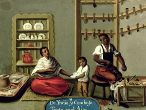 メキシコでの混合結婚に関するシリーズからの後ろの男と彼のアメリカインディアンの妻 作： Mexican School