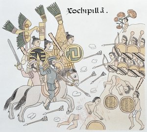 スペインとアステカの間のソチピラの戦い、メキシコインディアンの絵の歴史の複製からの図解1859年頃のリエンツォデトラスカラ