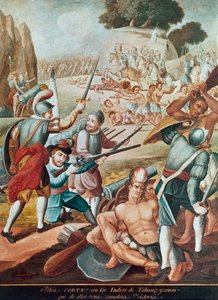 メキシコの征服: エルナンド・コルテス (エルナン・コルテス) (1485-1547) と 1519 年にタバスコのインディアンに対抗する戦い"" メキシコの学校の絵