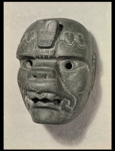 コロンブス以前のオアハカ出身のネコ科のマスク（ヒスイ） 作： Mexican School
