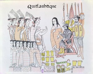 メキシコインディアンpictの複製からエルナンドコルテス（1485-1547）のイラストにモンテズマ（1466-1520）が女性と金を贈呈する際に通訳を務めるラマリンチェ（ドナマリーナ）