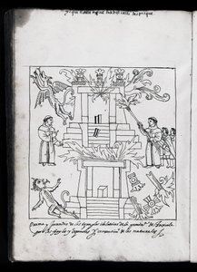 MS Hunter 242 f.240v 「トラスカラの神殿の焼却」 ディエゴ・ムノス・カマルゴ著『トラスカラ史』の挿絵（紙にペン・インク