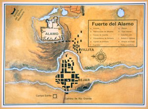 サンタ・アンナのオリジナル戦場地図を基にしたサン・アントニオのアラモ地区の地図