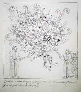 Ms Hunter 242 f.242r Diego Munoz CamargoによるHistoria de Tlaxcalaの伝統的な本や服を燃やすフランシスコ修道会 作： Mexican School