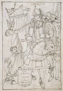 Ms Hunter 242 f.249r Christopher Columbus（1451-1506）ヒストリアデトラスカラからDiego Munoz Camargoがチャールズ5世（1500-08）に新世界を象徴的に提供 作： Mexican School