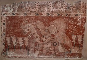 エリート男性とマグエイサボテンの葉の壁画の断片、テオティワカンスタイル、クラシック時代、500〜550 作： Mexican School
