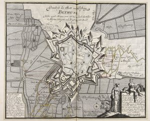 1710年7月14日から連合国軍に包囲されたベトゥーンの町と要塞の平面図。1710年7月14日から連合軍に包囲され、8月30日に征服された。8月、征服されたアコードとともに／Engineer Meyer ad vivum delineavit. 作： マイヤー