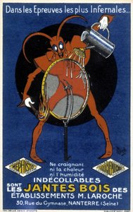 自転車のホイールの前にいる赤い悪魔が、Laroche（Nanterre）社の木製リムの広告を描いている（彫刻 作： Mich