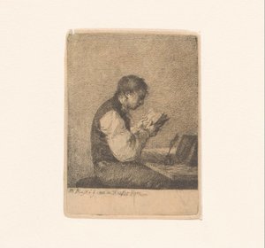 机で読書する男性 Michał Płoński (シリーズ タイトル) による 14 のエッチング 作： Michał Płoński