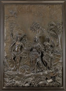 ストウのレリーフ。パルナッソスの丘に悲劇と喜劇の詩を導くマーキュリー」1740年頃（ライムウッドのブロンズ像