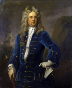 望遠鏡（遠景）を手にしたロバート・ハーランド船長（1680-1751年頃）の肖像。ミヒャエル・ダール（1659-1743）作、キャンバスに油彩、1707-1711年頃。