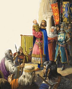 エドワード1世（1239-1307）、赤ん坊の息子を贈る（紙にグワッシュ）