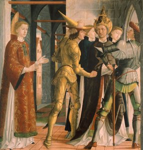 聖ローレンスから休暇を取る教皇シクストゥス2世（1465年頃） ミカエル・パッハー（1430年頃～1498年頃）作、パネル 作： Michael Pacher