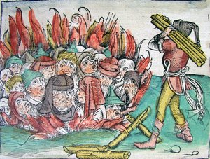 世界のシェーデル年代記、1493年から1338年のデッゲンドルフでのユダヤ人の焼却。 作： Michael Wolgemut