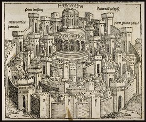 世界のシェデルのクロニクル、1493年頃からのエルサレム。 作： Michael Wolgemut