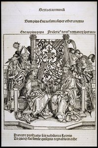 教皇ピオ2世とドイツ皇帝フレデリック3世の間の会議、約1493年。 作： Michael Wolgemut