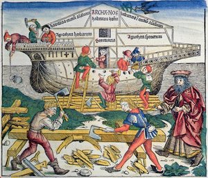 ノアズアークの建物、ハルトマンシェーデル作「ニュルンベルククロニクル」、1493年（色の木版画） 作： Michael Wolgemut